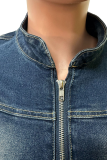 Deep Blue Casual Solid Color Ripped Zipper Mandarin Collar Long Sleeve Two Pieces
