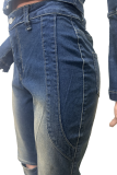 Deep Blue Casual Solid Color Ripped Zipper Mandarin Collar Long Sleeve Two Pieces