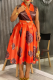 Orange Elegant Print Contrast V Neck A Line Plus Size Dresses