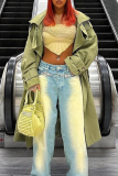 Army Green Casual Solid Color Buckle Turndown Collar Outerwear