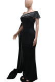 Blue Sexy Solid Color Hot Drill Oblique Collar Long Dresses