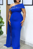 Blue Sexy Solid Color Hot Drill Oblique Collar Long Dresses