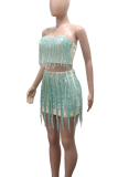 Green Sexy Solid Color Fringed Trim Strapless Sleeveless Two Pieces