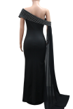 Blue Sexy Solid Color Hot Drill Oblique Collar Long Dresses