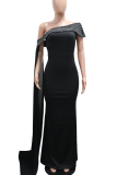 Blue Sexy Solid Color Hot Drill Oblique Collar Long Dresses