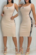 Brown Sexy Letters Contrast U Neck Wrapped Skirt Dresses