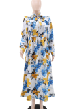 Multicolor Elegant Print Buckle With Belt Turndown Collar Long Dresses