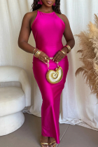 Rose Red Sexy Solid Color Slit Pearls Decor Halter Long Dresses