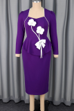 Purple Elegant Flowers Patchwork Square Neck Long Dresses