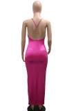 Rose Red Sexy Solid Color Slit Pearls Decor Halter Long Dresses