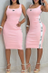 Pink Sexy Letters Contrast U Neck Wrapped Skirt Dresses