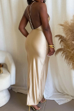 Rose Red Sexy Solid Color Slit Pearls Decor Halter Long Dresses