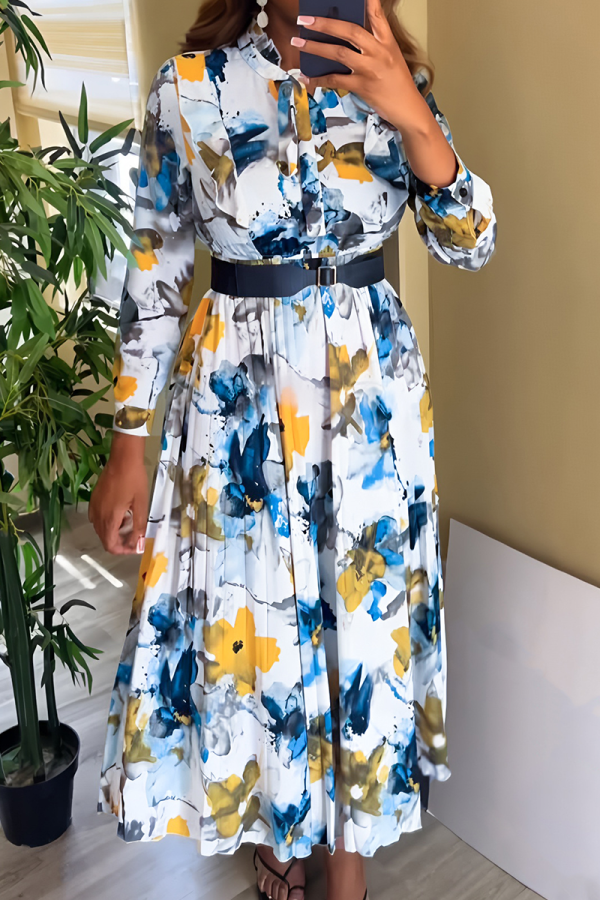 Multicolor Elegant Print Buckle With Belt Turndown Collar Long Dresses