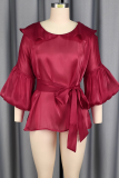 Burgundy Casual Solid Color Strap Design O Neck Tops