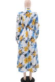 Multicolor Elegant Print Buckle With Belt Turndown Collar Long Dresses