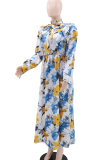 Multicolor Elegant Print Buckle With Belt Turndown Collar Long Dresses