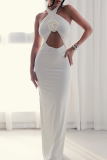 Black Sexy Solid Color High Slit Flower Shape Halter Long Dresses