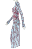 Blue Elegant Print See-Through Turtleneck Wrapped Skirt Dresses