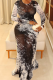 Black Gray Sexy Print See-Through O Neck Long Dresses