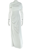 White Elegant Solid Color Patchwork O Neck Long Dresses