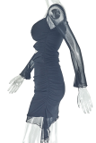 Black Sexy Solid Color Ruched U Neck Wrapped Skirt Dresses
