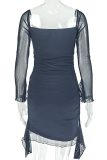 Black Sexy Solid Color Ruched U Neck Wrapped Skirt Dresses