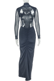Black Elegant Solid Color Mesh O Neck Long Dresses