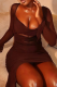 Dark Brown Sexy Solid Color Ruched U Neck Wrapped Skirt Dresses