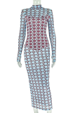Blue Elegant Print See-Through Turtleneck Wrapped Skirt Dresses