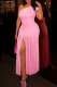 Pink Sexy Solid Color Slit Oblique Collar Long Dresses