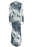 Black Gray Sexy Print See-Through O Neck Long Dresses