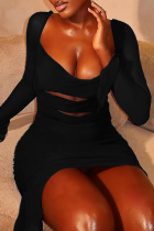 Black Sexy Solid Color Ruched U Neck Wrapped Skirt Dresses