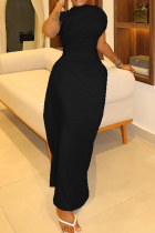 Black Elegant Solid Color Patchwork O Neck Long Dresses