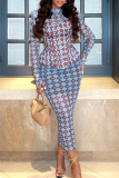 Blue Elegant Print See-Through Turtleneck Wrapped Skirt Dresses