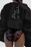 Black Street Print Ruched Zipper Zipper Collar Outerwear
