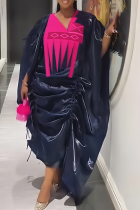 Deep Blue Casual Ruched Contrast V Neck Long Dresses