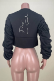 Black Street Print Ruched Zipper Zipper Collar Outerwear