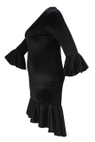 Black Sexy Solid Color V Neck Fishtail Plus Size Dresses