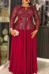 Red Elegant Solid Color Sequins With Belt O Neck Long Plus Size Dresses