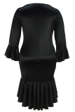 Black Sexy Solid Color V Neck Fishtail Plus Size Dresses