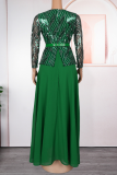Green Elegant Solid Color Sequins With Belt O Neck Long Plus Size Dresses
