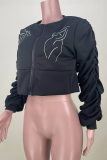 Black Street Print Ruched Zipper Zipper Collar Outerwear