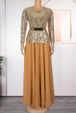 Green Elegant Solid Color Sequins With Belt O Neck Long Plus Size Dresses