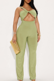 Green Sexy Solid Color Hollow Out Strapless Bodycon Jumpsuits