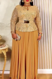 Green Elegant Solid Color Sequins With Belt O Neck Long Plus Size Dresses