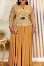 Champagne Elegant Solid Color Sequins With Belt O Neck Long Plus Size Dresses