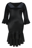 Black Sexy Solid Color V Neck Fishtail Plus Size Dresses