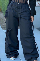 Black Casual Solid Color Draw String Loose Mid Waist Conventional Patchwork Bottoms