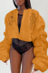 Orange Street Print Ruched Zipper Zipper Collar Outerwear