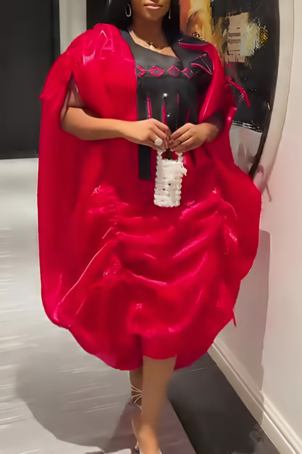 Red Casual Ruched Contrast V Neck Long Dresses